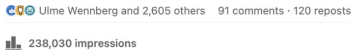 LinkedIn post — 2,605 reactions, 238,030 impressions